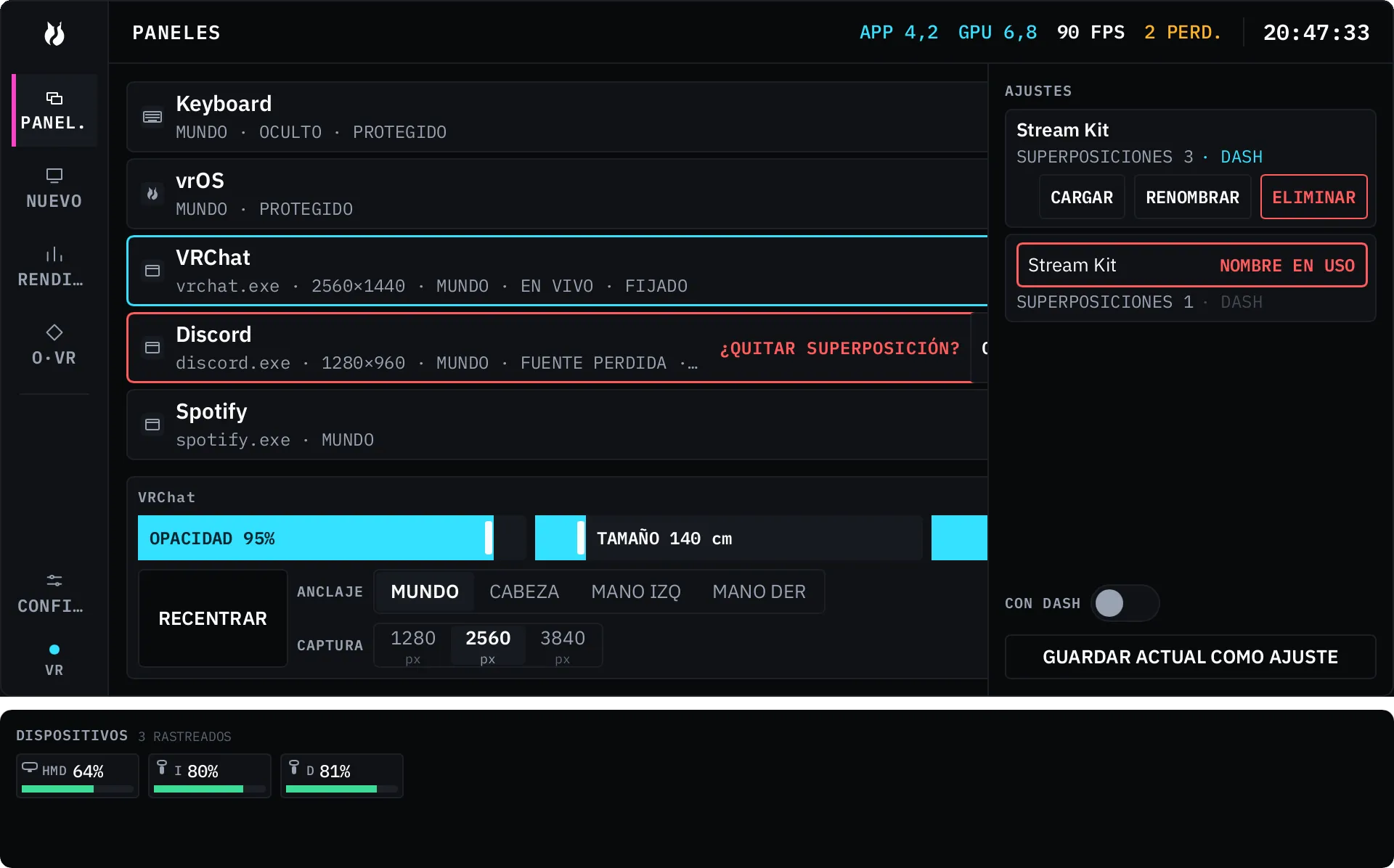 El área PANELES: una lista de paneles de captura, cada fila con su propio grupo rápido de controles de mostrar/ocultar, fijar, bloquear, traspaso y terminar, y una tarjeta de detalle del panel seleccionado.