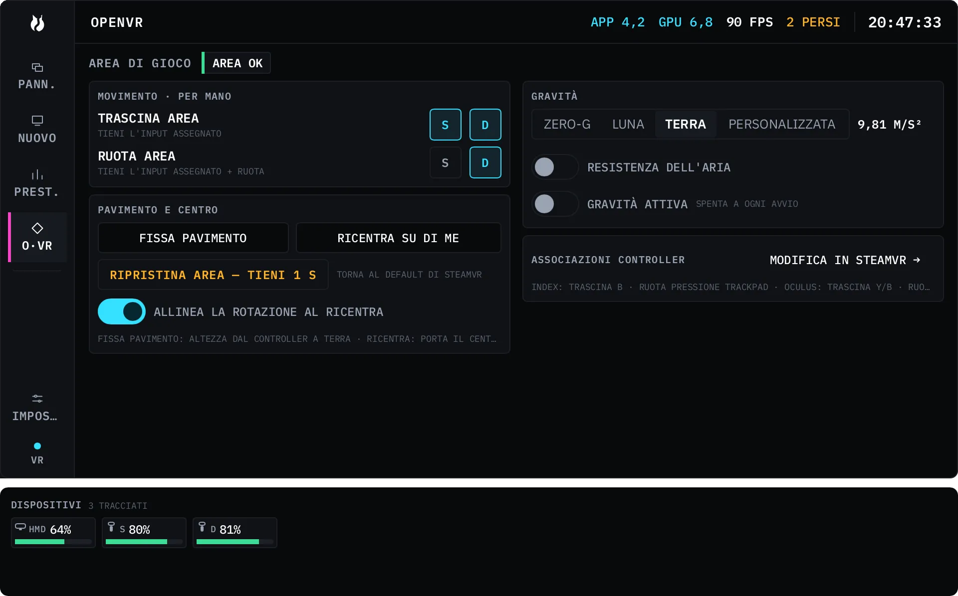 La pagina AREA DI GIOCO, con gli interruttori di trascinamento e rotazione per mano e le azioni di pavimento, ricentra e ripristina.