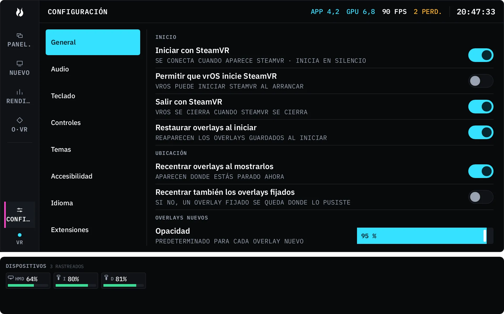 La sección General de la configuración, con el riel de ajustes listando las demás secciones a un lado.