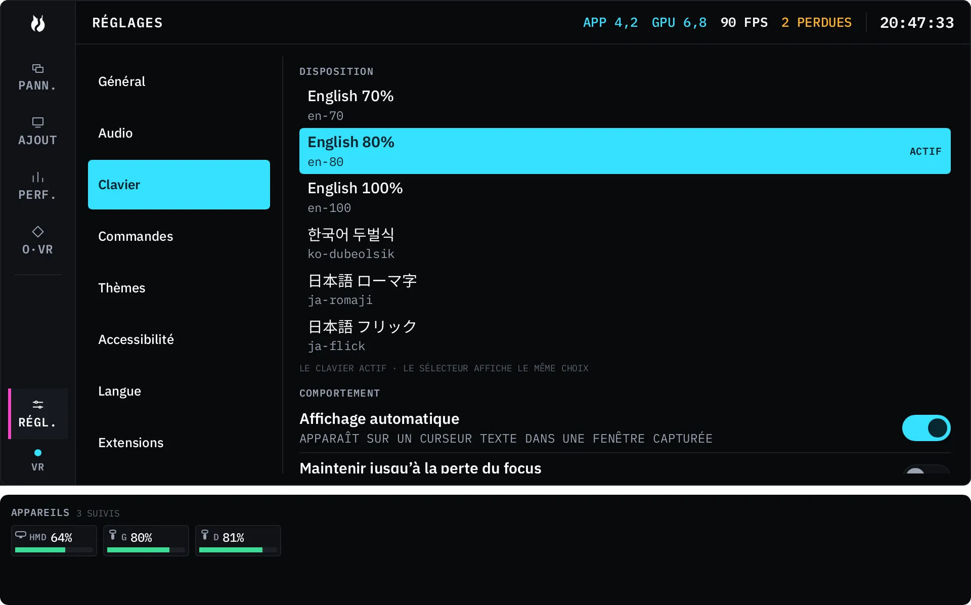 Le volet de réglages Clavier, qui liste les claviers intégrés.
