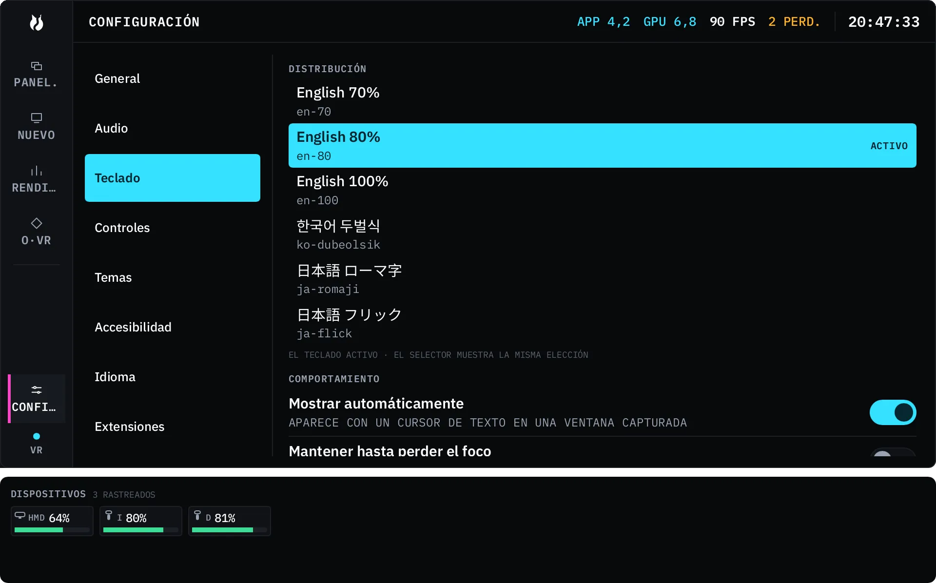 La sección Teclado de la configuración, listando los teclados integrados.